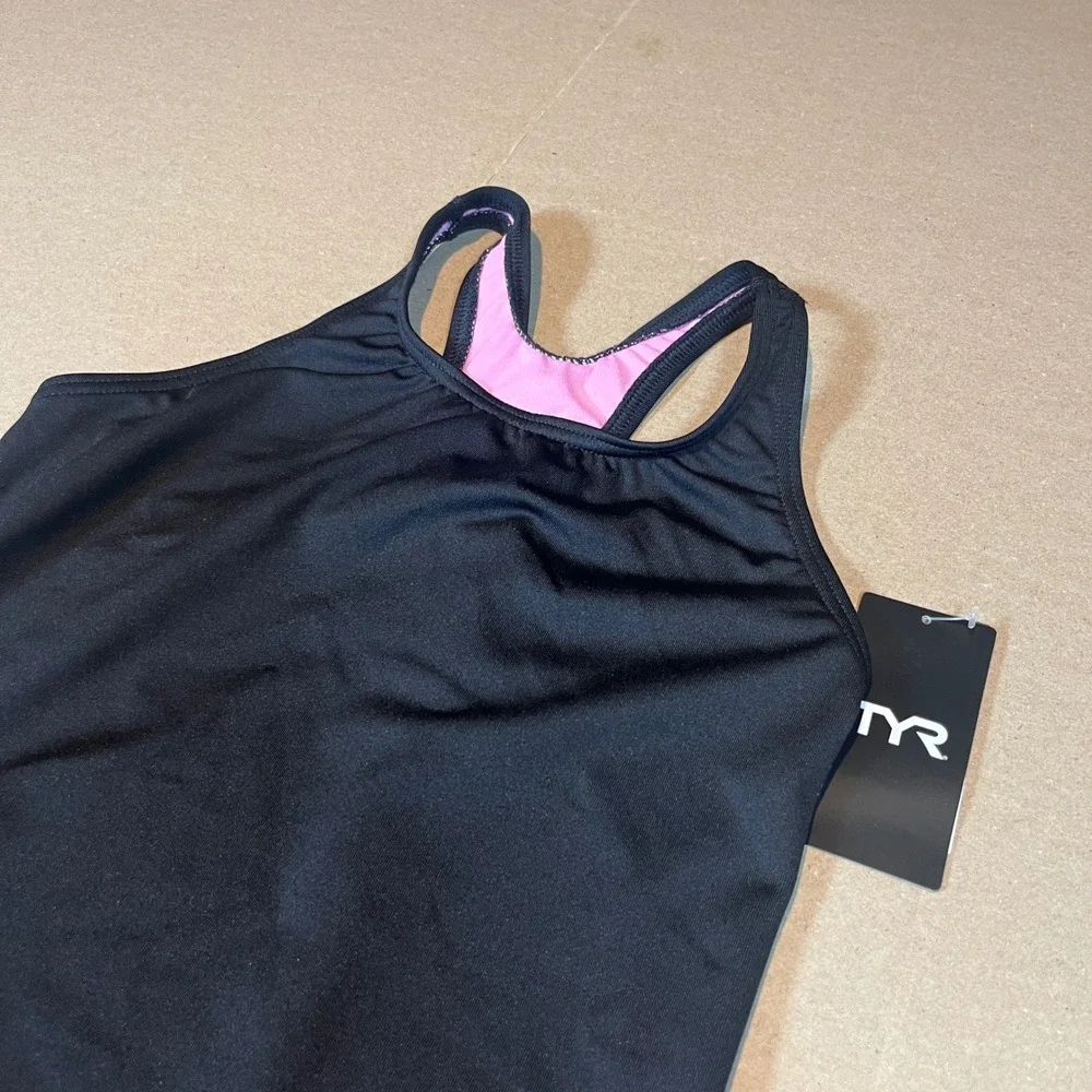 TYR Girls Durafast Elite Ella Maxfit One Piece Swimsuit Black Pink Size L 10/12
